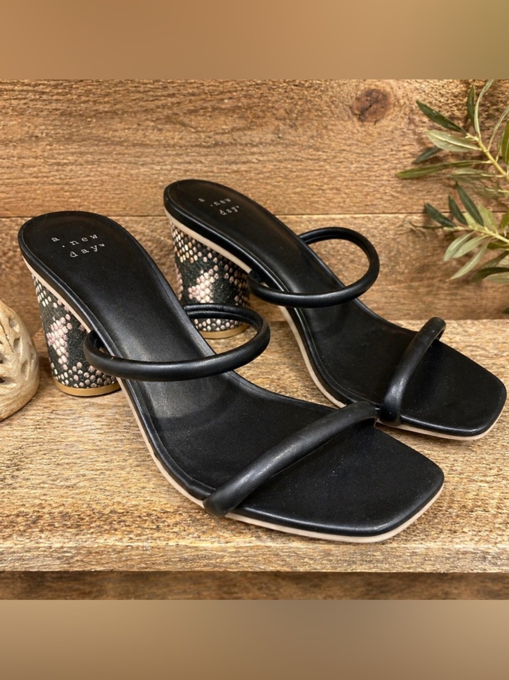 a new day Black Strappy Block Heel Sandals with Snakeskin Detail